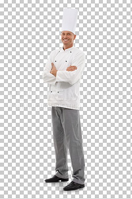 Buy stock photo Chef, smile and portrait of man with arms crossed standing isolated on a transparent png background. Happiness, confidence and male cook, person or mature professional from Canada with pride for job.