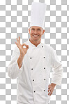 A Portrait of chef, man with ok hand gesture and confident smile, cafe owner. Happy executive cook, uniform tasty emoji for restaurant discount deal or promotion in isolated on a png background