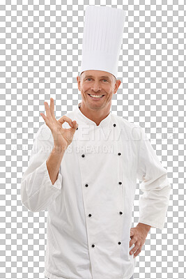 Buy stock photo Chef portrait, man and perfect hand sign, confident smile and bakery worker. Happy cook, uniform and yes gesture for restaurant discount deal or promotion isolated on a transparent png background