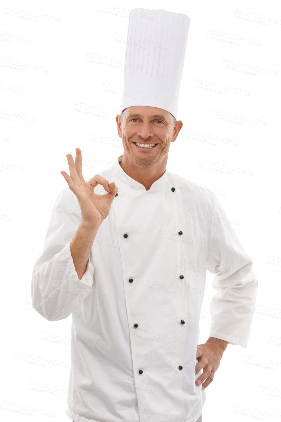 Buy stock photo Chef portrait, man and perfect hand sign, confident smile and bakery worker. Happy cook, uniform and yes gesture for restaurant discount deal or promotion isolated on a transparent png background