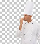 Man, chef and kissing hands for taste, perfect or just right in celebration for cooking skills. Happy proud male culinary artist kiss hand for perfection on mockup isolated on a png background