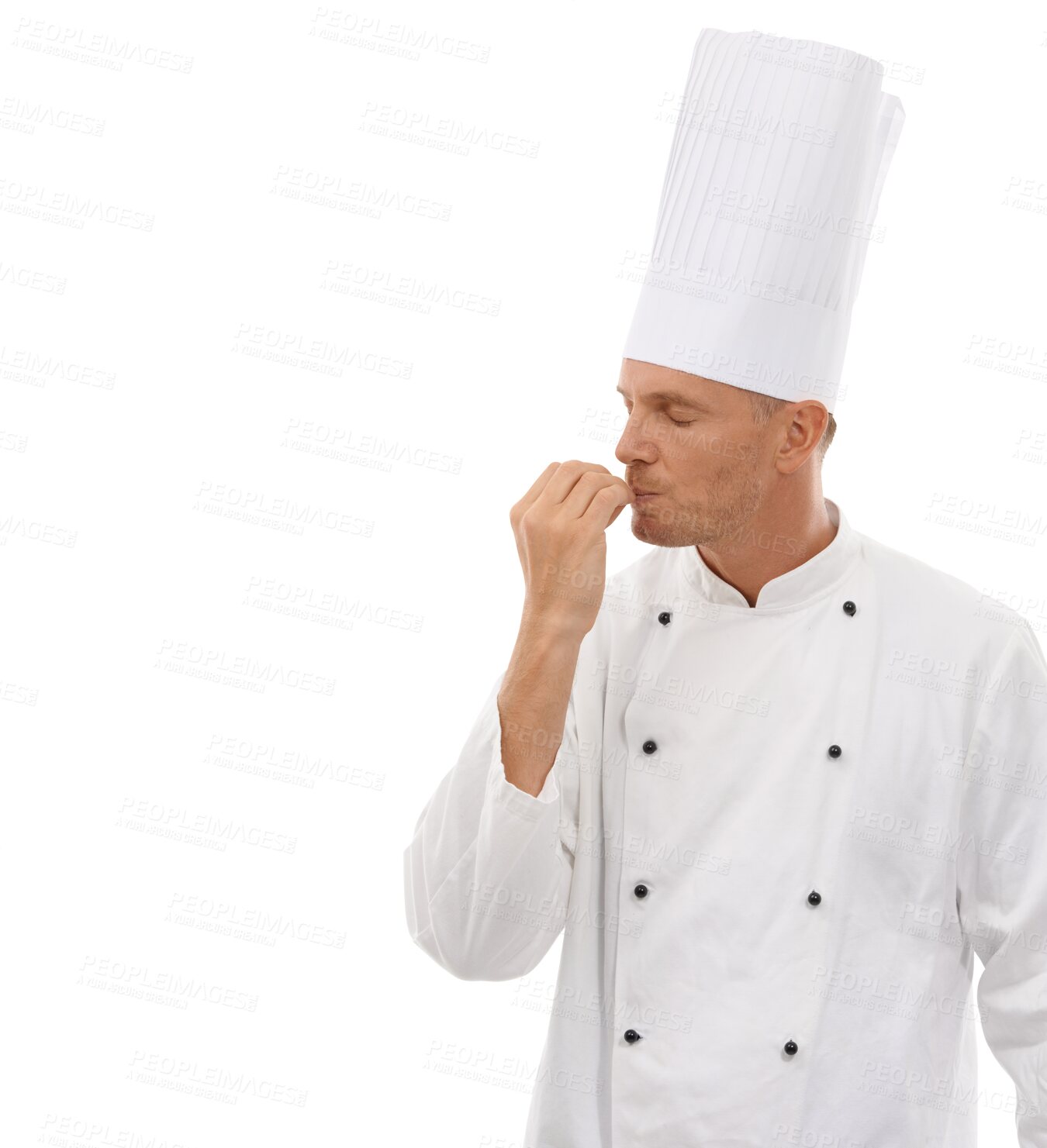 Buy stock photo Man, chef and kissing hands for taste or delicious food and cooking skills. Proud and professional male culinary artist kiss hand for restaurant promotion isolated on a transparent, png background