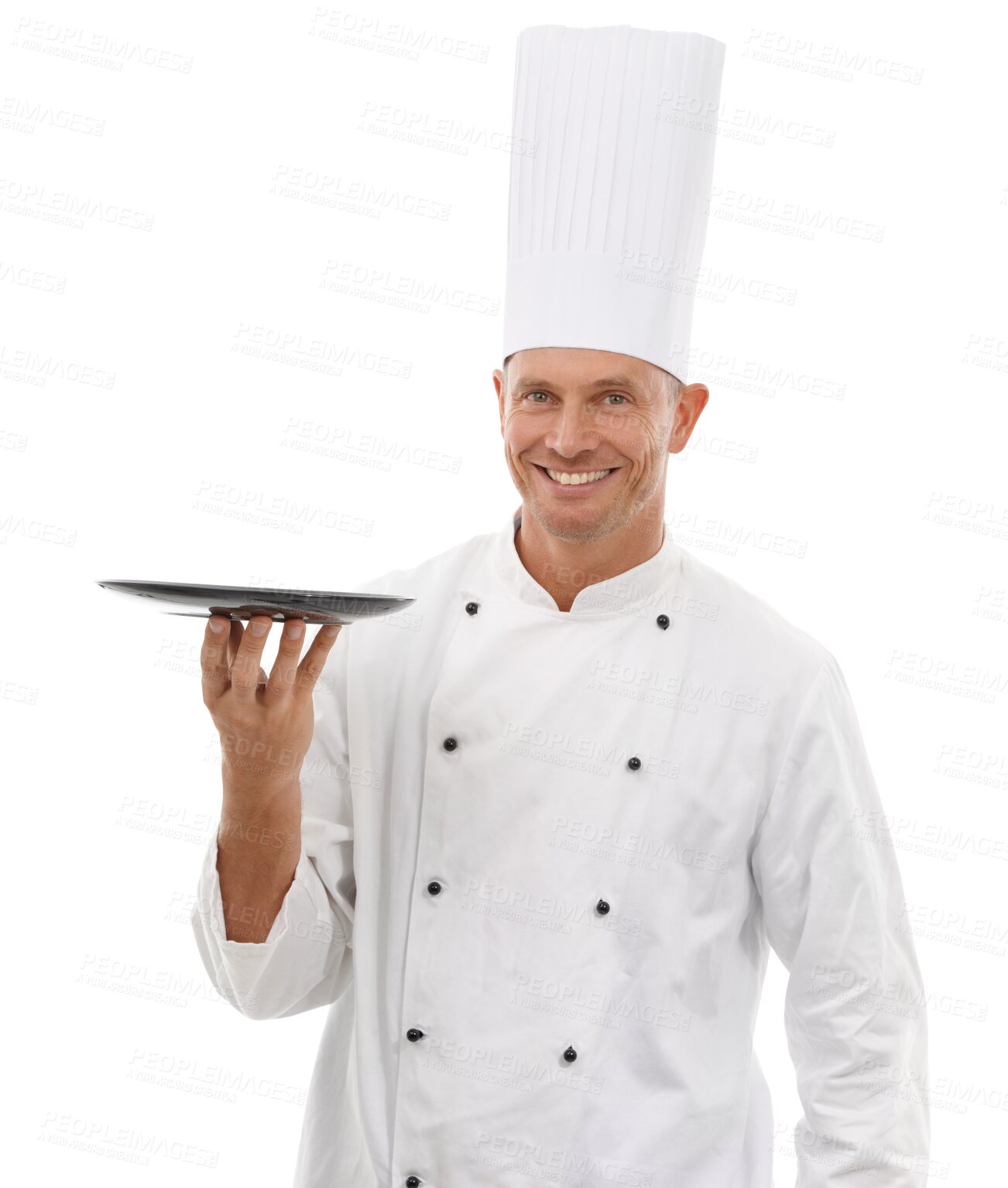 Buy stock photo Happy man with tray in portrait, chef or cooking skill in hospitality isolated on transparent png background. Culinary service, professional cook with smile, expert in cuisine and product placement