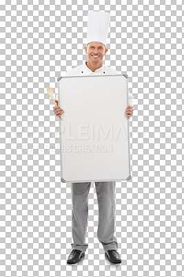 Buy stock photo Chef, smile and portrait of man with whiteboard for mockup standing isolated on a transparent png background. Happiness, board and mature male cook with advertising, marketing or menu promotion.