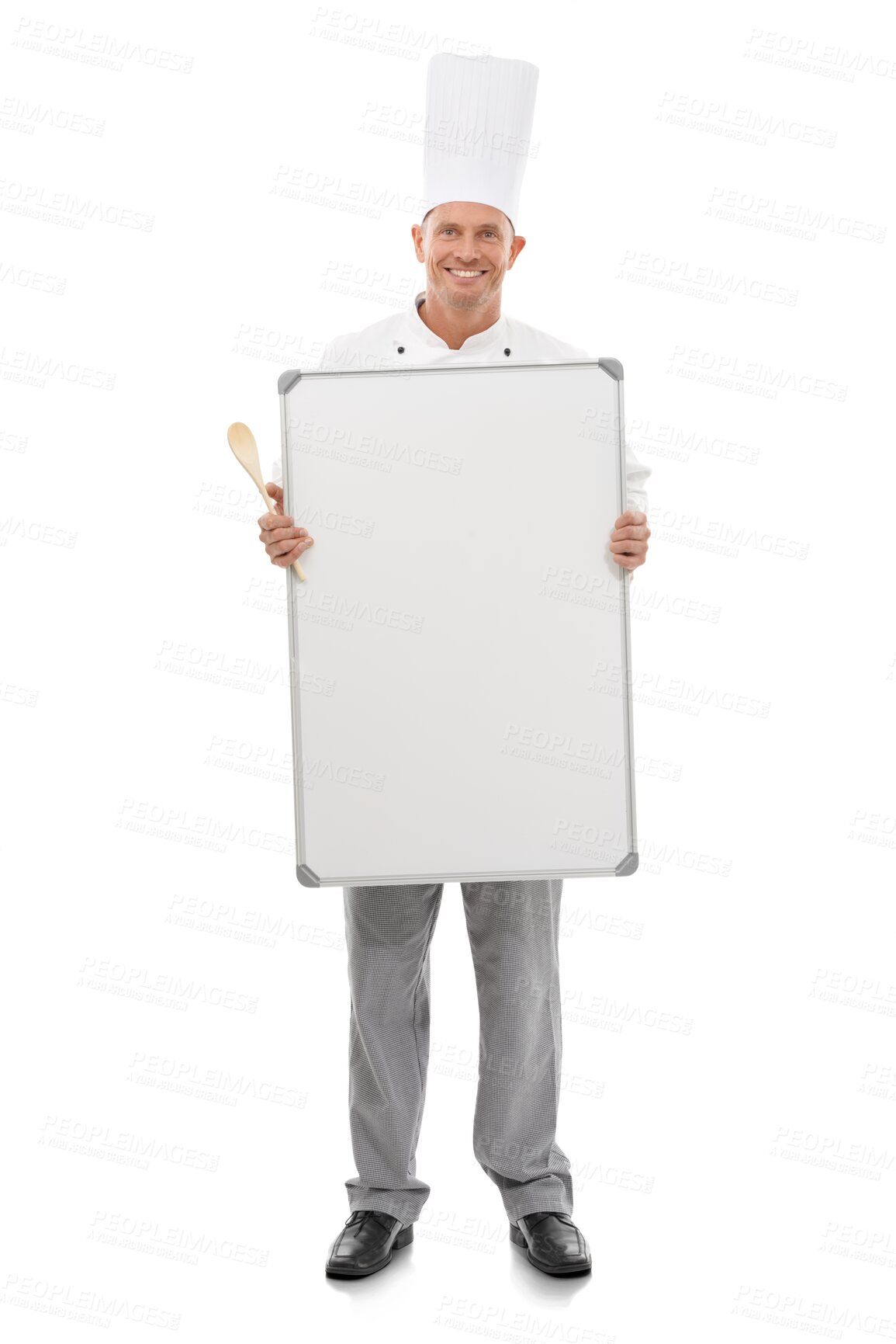 Buy stock photo Chef, smile and portrait of man with whiteboard for mockup standing isolated on a transparent png background. Happiness, board and mature male cook with advertising, marketing or menu promotion.