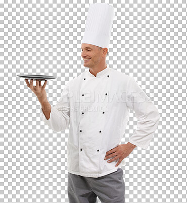 Buy stock photo Chef, man and plate for advertising food, service and cooking skills. Proud, happy and professional male culinary artist serving for restaurant promotion isolated on a transparent, png background