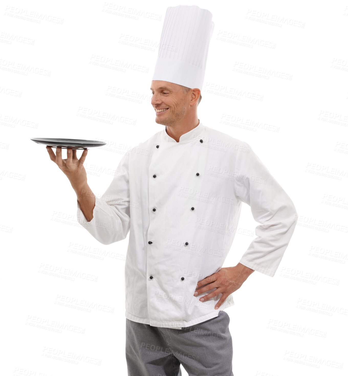 Buy stock photo Chef, man and plate for advertising food, service and cooking skills. Proud, happy and professional male culinary artist serving for restaurant promotion isolated on a transparent, png background