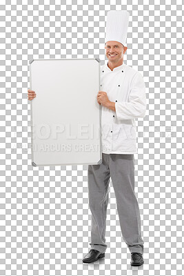 Buy stock photo Happy, chef and portrait of man with whiteboard for mockup standing isolated on a transparent png background. Smile, board and mature male cook with advertising, marketing or promotion for menu.