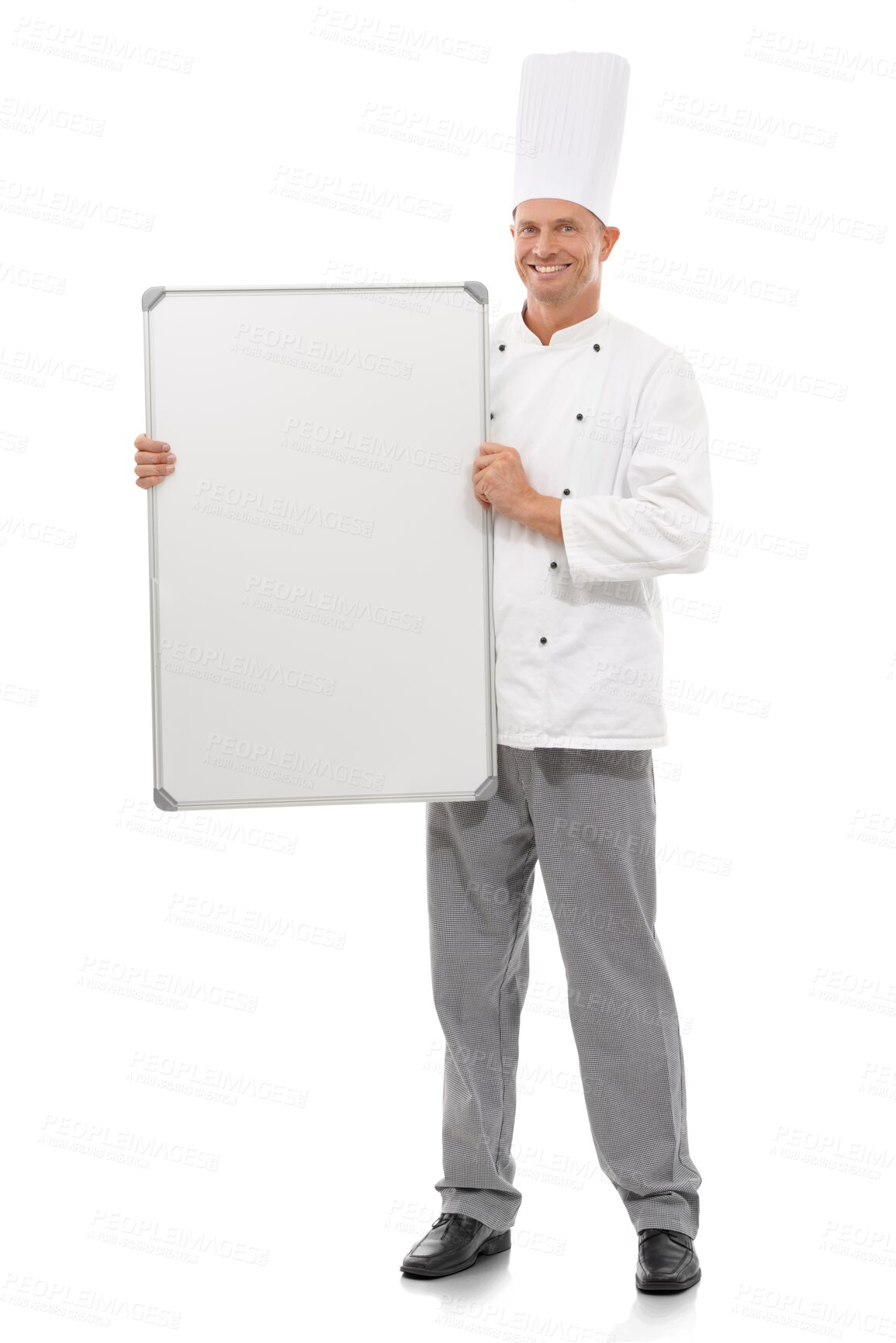 Buy stock photo Happy, chef and portrait of man with whiteboard for mockup standing isolated on a transparent png background. Smile, board and mature male cook with advertising, marketing or promotion for menu.