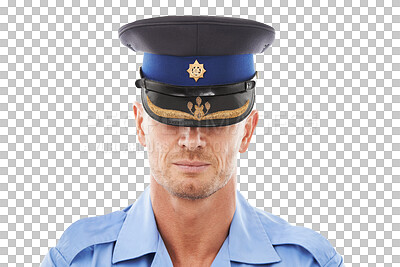 Buy stock photo Law, police officer and man with a hat for crime, protection and safety isolated on a transparent png background. Security, authority and male policeman ready for service, justice and protection