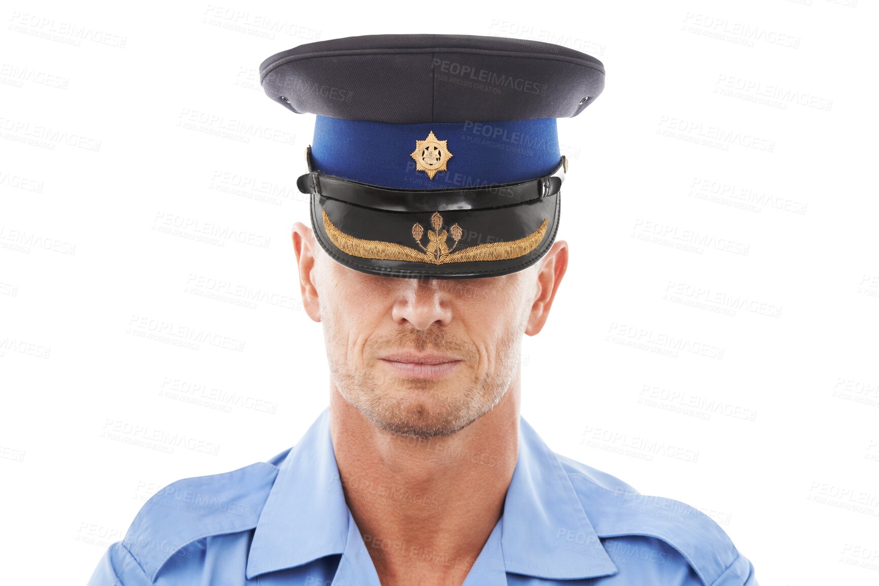 Buy stock photo Law, police officer and man with a hat for crime, protection and safety isolated on a transparent png background. Security, authority and male policeman ready for service, justice and protection