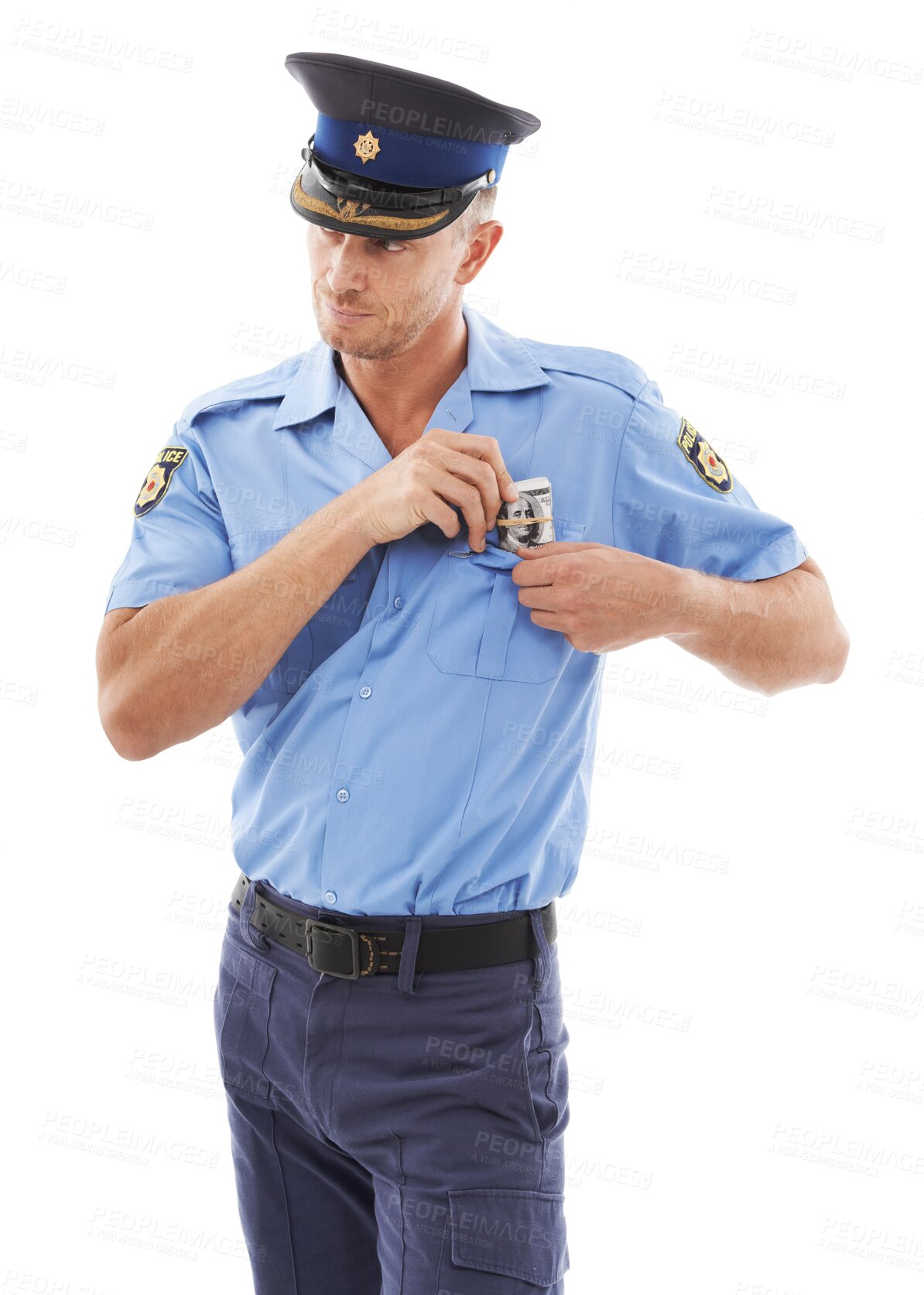 Buy stock photo Police, cash bribe and corruption with a man isolated on a transparent background for payment or law enforcement. Security, money or crime with a male officer in uniform accepting bribery on PNG