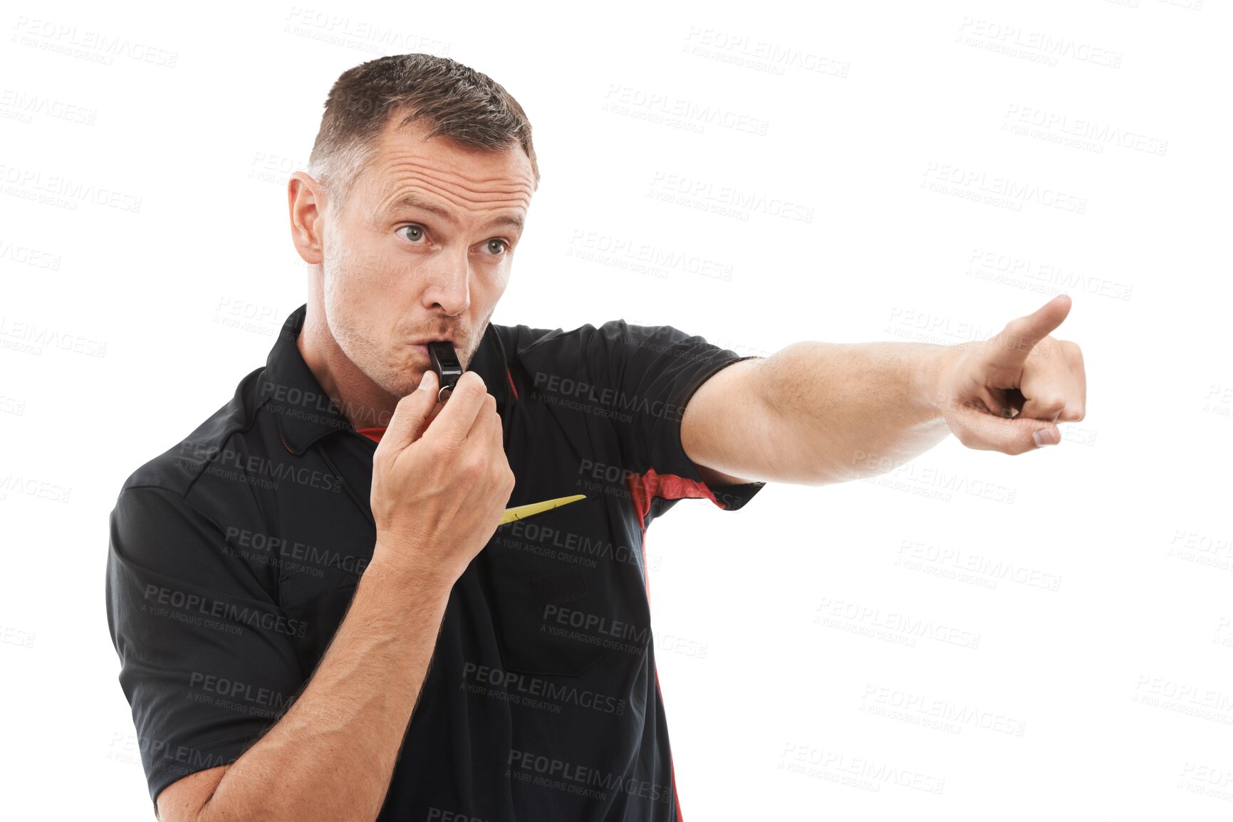 Buy stock photo Referee, whistle and pointing with a man isolated on a transparent background for the sports control. Rules, warning and authority with a male official blowing for a foul during a game on PNG