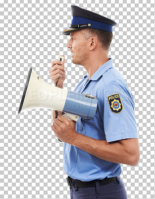 Buy stock photo Law man, megaphone and police officer speech for service announcement, legal justice or crime. Criminal safety, security communication and speaker talking isolated on transparent png background