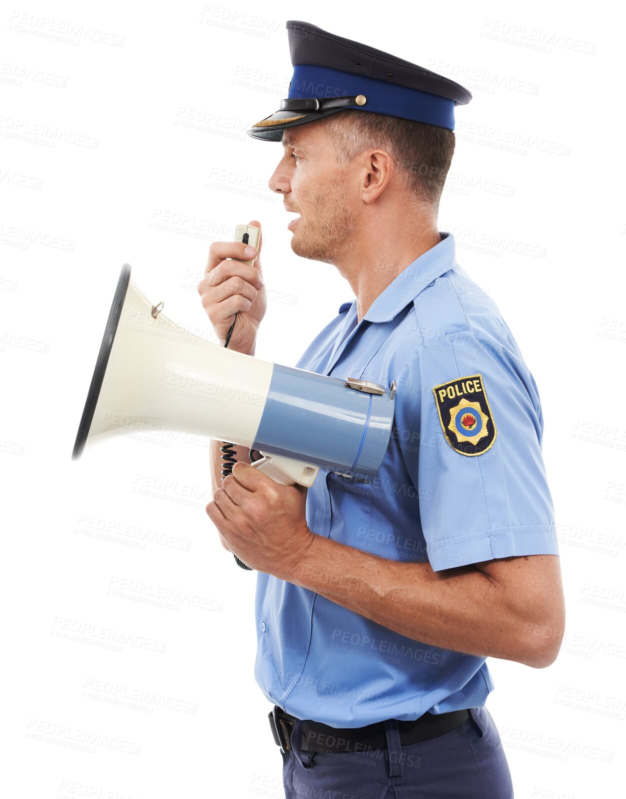 Buy stock photo Law man, megaphone and police officer speech for service announcement, legal justice or crime. Criminal safety, security communication and speaker talking isolated on transparent png background