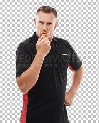 Buy stock photo Portrait, referee or man blowing whistle as a warning or penalty review in sports or soccer game. Match, face or person with rules, compliance or caution isolated on transparent png background