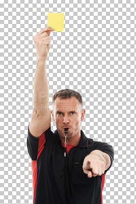 Buy stock photo Portrait, referee or man pointing with a yellow card warning sign or penalty review in sports game. Match, mature or person blowing whistle for rules or caution isolated on transparent png background