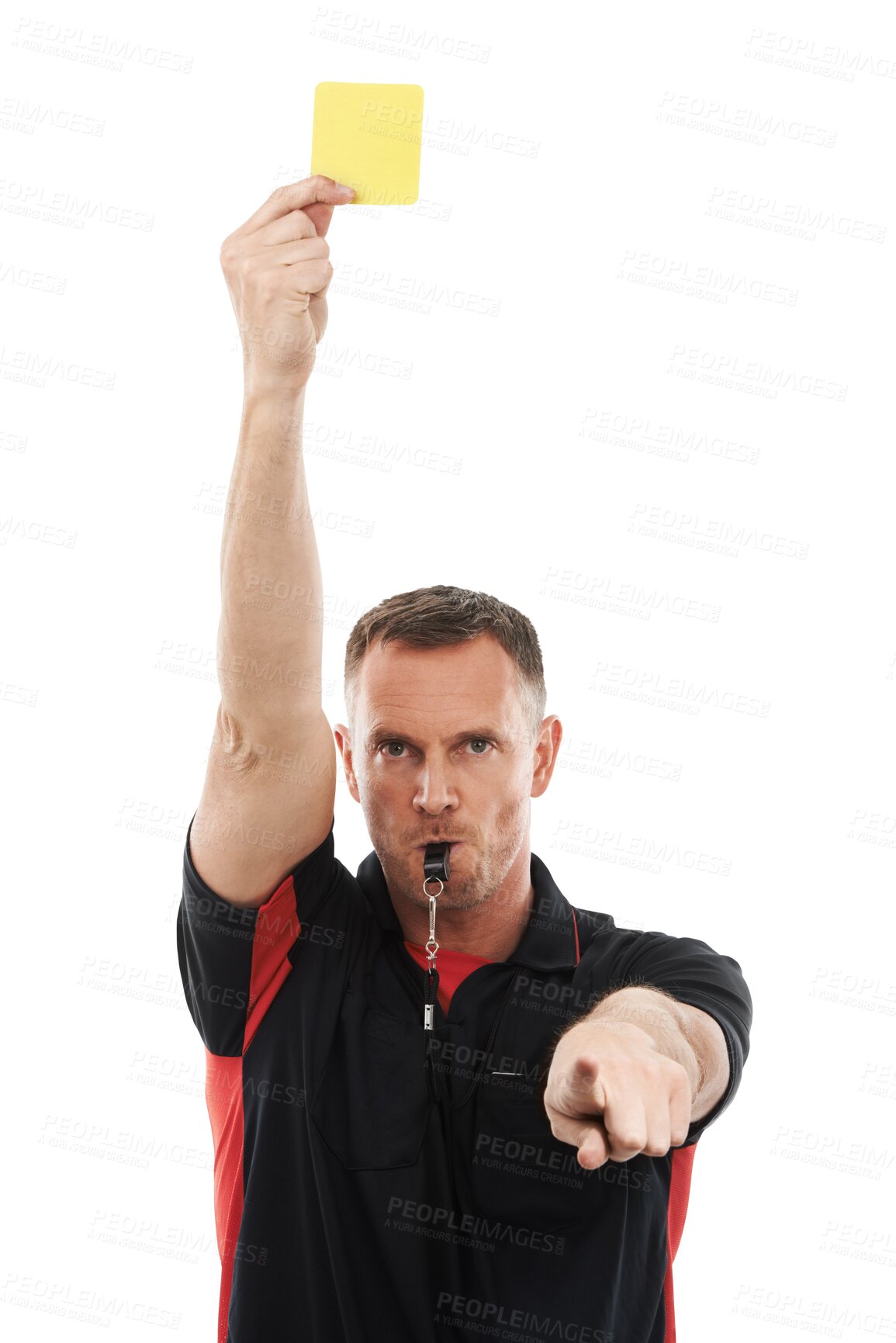 Buy stock photo Portrait, referee or man pointing with a yellow card warning sign or penalty review in sports game. Match, mature or person blowing whistle for rules or caution isolated on transparent png background