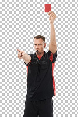 Soccer Referee Holding Out Red Card and Whistle Stock Photo