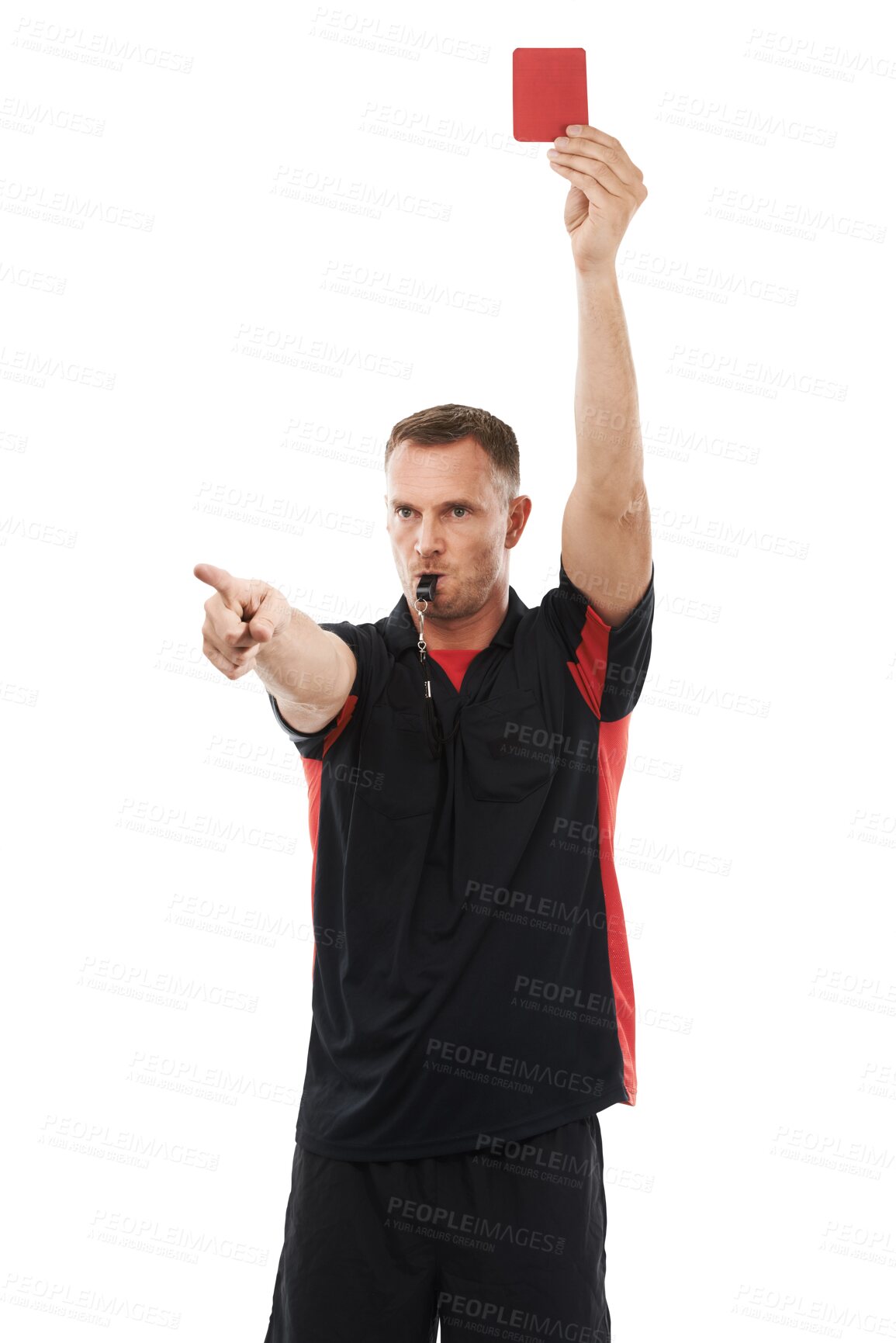 Buy stock photo Whistle, referee or man pointing with a red card warning sign or penalty review in sports game or match. Blowing or serious person with rules or caution isolated on transparent png background 