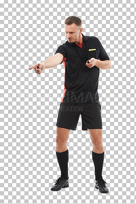 Buy stock photo Referee, penalty and pointing with a man isolated on a transparent background for sports control. Rules, warning and authority with a male official blowing for a foul during a competition game on PNG