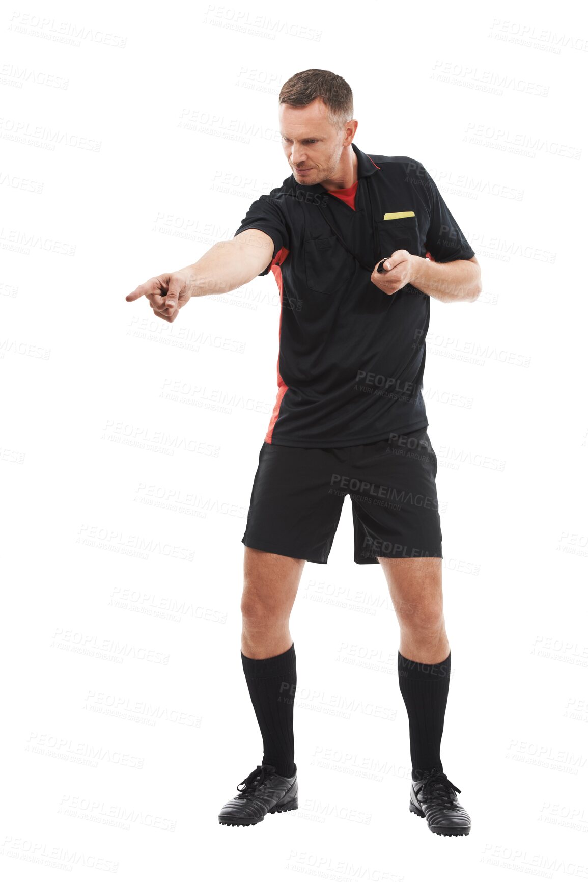 Buy stock photo Referee, penalty and pointing with a man isolated on a transparent background for sports control. Rules, warning and authority with a male official blowing for a foul during a competition game on PNG