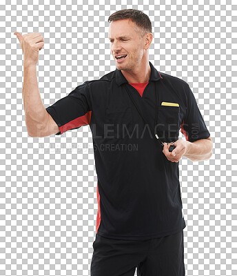 Buy stock photo Referee, sending off and hand gesture with a man isolated on a transparent background for sports control. Rules, ejection and authority with a male official working as a ref during a game on PNG