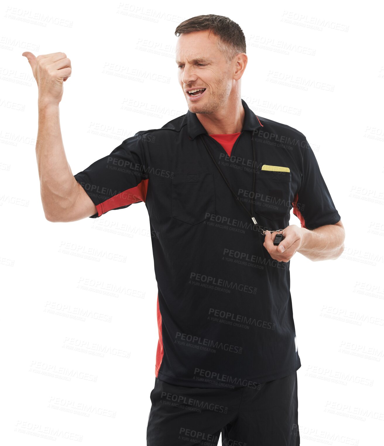 Buy stock photo Referee, sending off and hand gesture with a man isolated on a transparent background for sports control. Rules, ejection and authority with a male official working as a ref during a game on PNG