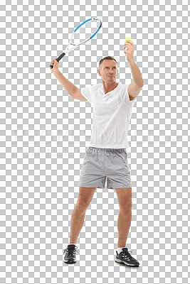 Buy stock photo Tennis, hit or mature man in fitness training, exercise or workout isolated on transparent png background. Sports athlete, wellness or healthy person with a racket to start or serve in a match game