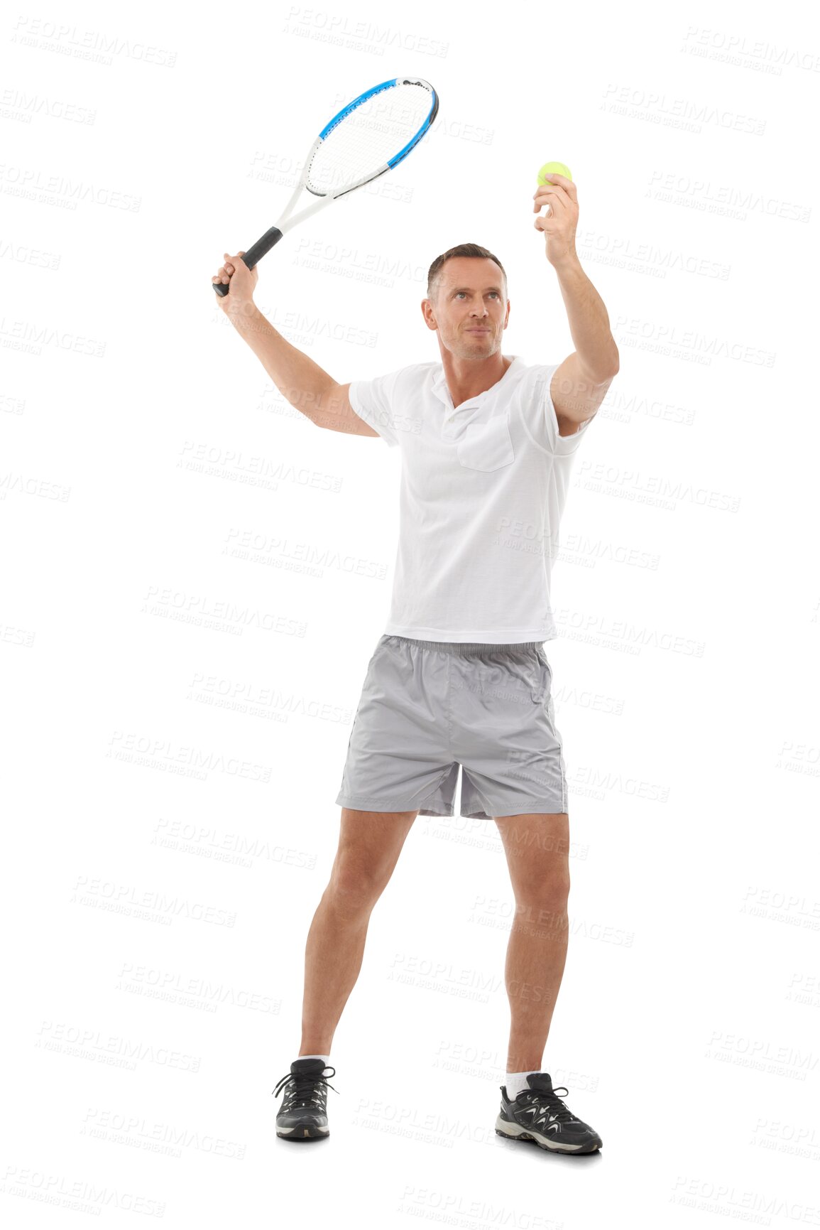 Buy stock photo Tennis, hit or mature man in fitness training, exercise or workout isolated on transparent png background. Sports athlete, wellness or healthy person with a racket to start or serve in a match game