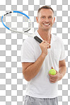 Portrait, tennis sports and man for exercise. Training, badminton and happy mature male with racket and ball ready to start workout or exercising for wellness isolated on a png background