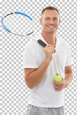 Buy stock photo Portrait of happy man with ball, racket and tennis training isolated on transparent png background. Fitness, happiness and professional sports athlete at game, mature male player with smile on face.