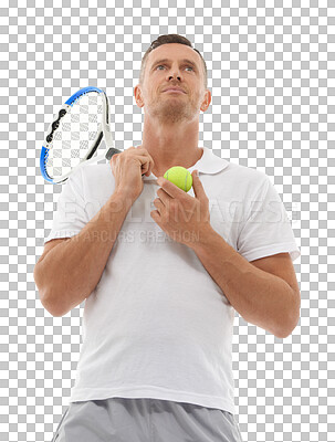 Sports tennis, fitness and man in studio isolated on a png background for exercise. Training, thinking or mature male holding racket and ball ready to start workout or practice for health or wellness