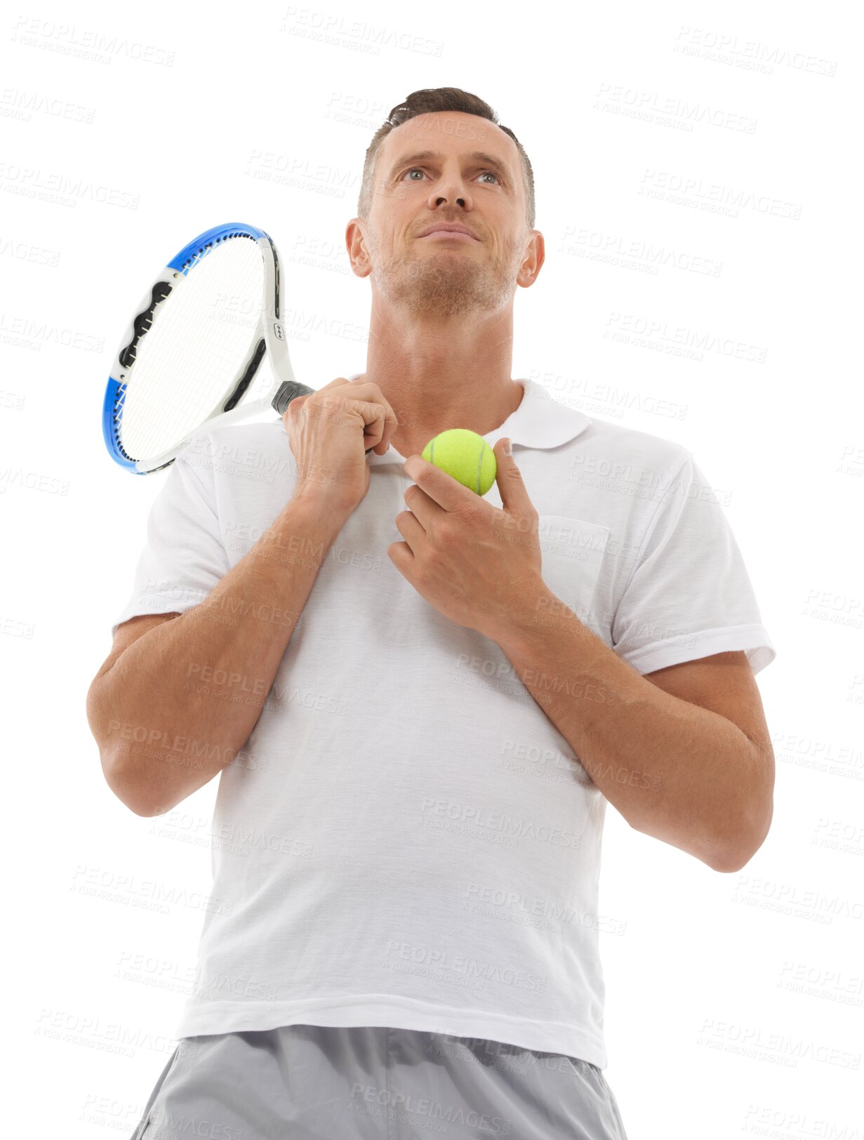 Buy stock photo Portrait of man with ball, racket and tennis training from below isolated on transparent png background. Fitness, sports and professional athlete at game, mature male player with confidence and pride