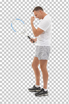 Buy stock photo Winner, tennis sports and celebration of man isolated on a transparent png background for success. Winning, achievement or mature male athlete with racket celebrating goals or sports championship