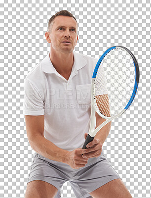 Buy stock photo Male tennis player, game and waiting with racket for start, serve or match at contest by transparent png background. Isolated man, sport training or focus for fitness, workout or power at competition