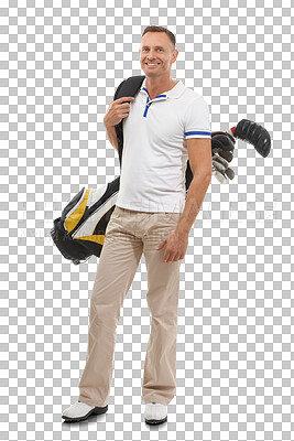 Buy stock photo Portrait, golf sports and man ready for a game, sport and professional training. Mature golfer, male athlete and carrying bag with clubs for exercise and match isolated on transparent png background