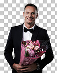 A Portrait, man and bouquet of flowers, suit and happiness for Valentines day, romance. Face, male and guy with floral gift, smile and gesture for love, romantic and happy isolated on a png background