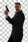 Secret agent man with gun for law, action movie or security of a criminal businessman. Private detective, professional person crime or actor firearm  portrait isolated on a png background