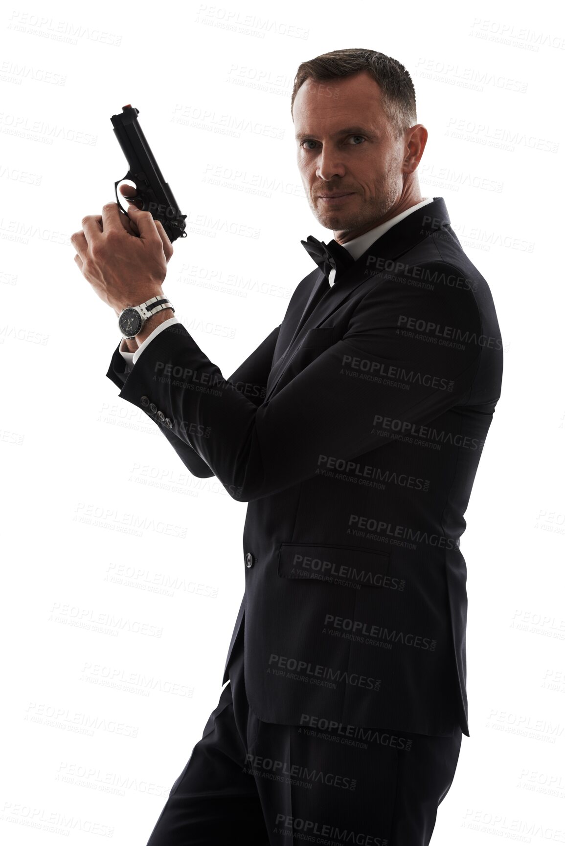 Buy stock photo Portrait, secret agent and man with gun isolated on transparent, png background for business, action movie or security. Detective, investigation and professional person or bodyguard with firearm