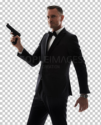 Buy stock photo Portrait, gun and man in tuxedo or professional secret service on isolated, transparent or png background. Face, detective and guy agent with firearm and suit in cosplay, halloween or crime aesthetic