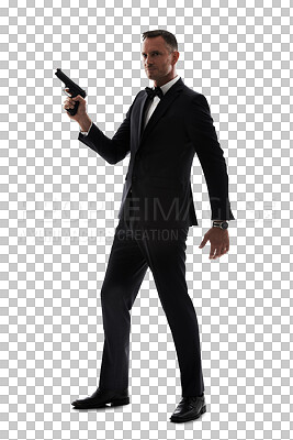 Buy stock photo Suit, gun and man or bodyguard isolated on transparent, png background for secret agent business, action movie or crime. Detective, investigation and professional person or film actor with firearm