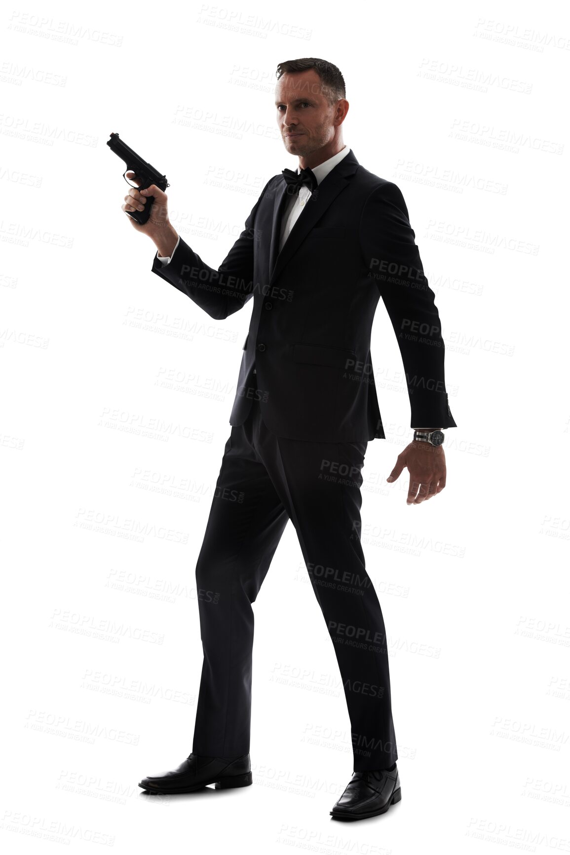 Buy stock photo Suit, gun and man or bodyguard isolated on transparent, png background for secret agent business, action movie or crime. Detective, investigation and professional person or film actor with firearm