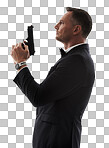 Spy man, profile and gun with suit for undercover mission, justice or espionage. Government agent, detective and weapon with designer tuxedo, secret information and work isolated on a png background
