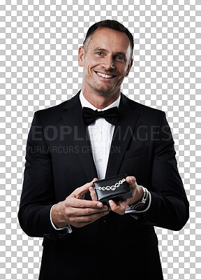 Buy stock photo Portrait, jewelry and gift with a formal man isolated on a transparent background for an anniversary date. PNG, necklace and valentines day with a handsome mature male person in a suit to celebrate