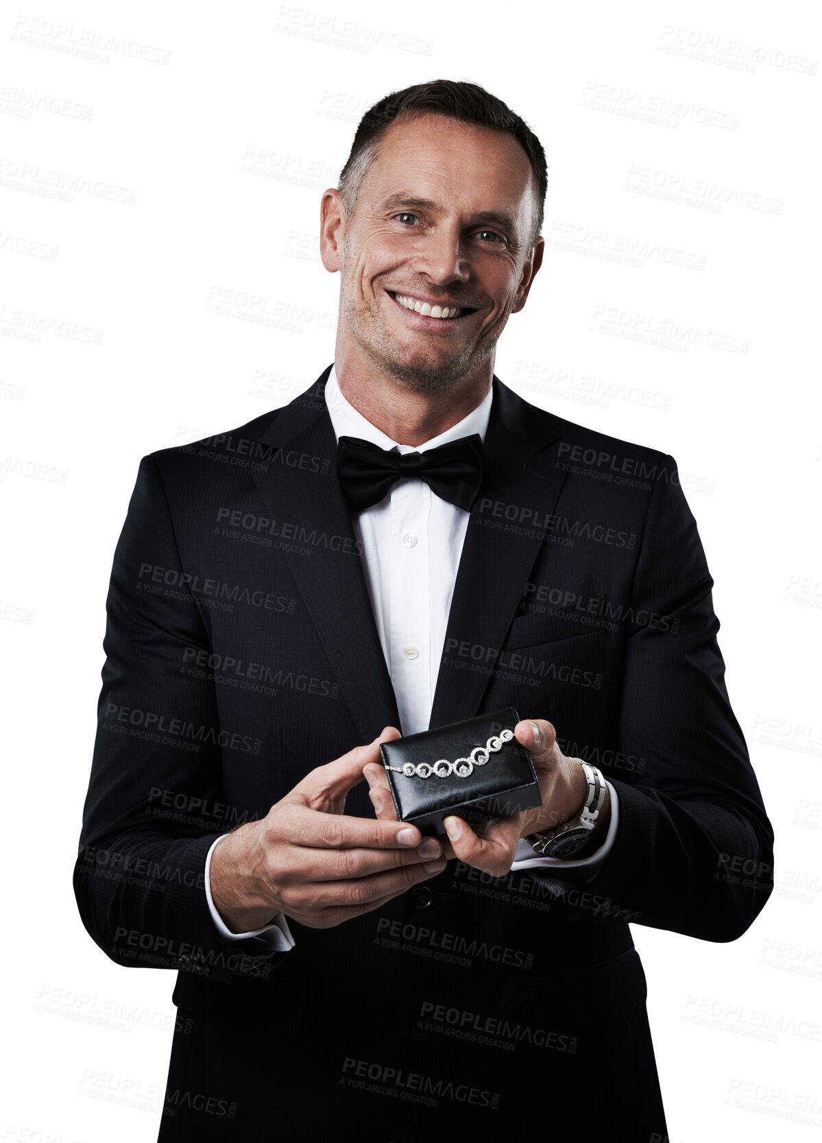 Buy stock photo Portrait, jewelry and gift with a formal man isolated on a transparent background for an anniversary date. PNG, necklace and valentines day with a handsome mature male person in a suit to celebrate