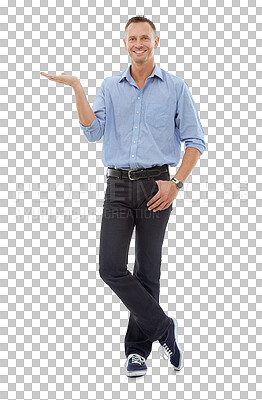 Buy stock photo Full body, hand or portrait of happy businessman smiling on isolated on transparent png background. Smile, advertising deal offer or isolated person showing or marketing promo or product announcement