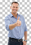 Man,and thumbs up portrait with hand for support, yes or like emoji. Happy model person with sign or icon for thank you, vote or review for winning motivation isolated on a png background
