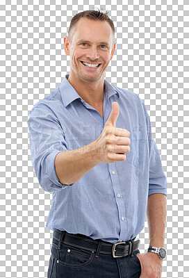 Buy stock photo Smile, thumbs up and portrait of business man isolated on a transparent png background. Like, hand gesture and mature male professional with emoji for success, winning or approval, agreement and ok.