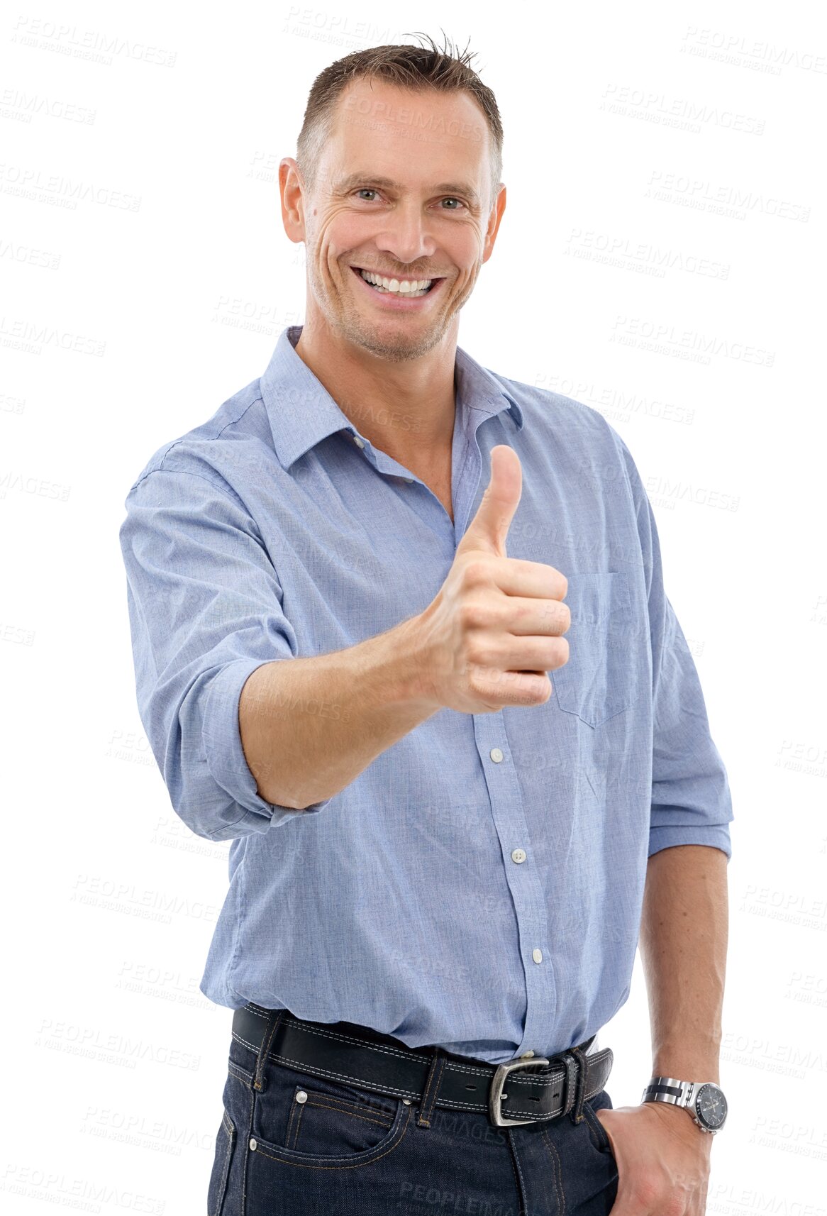 Buy stock photo Smile, thumbs up and portrait of business man isolated on a transparent png background. Like, hand gesture and mature male professional with emoji for success, winning or approval, agreement and ok.